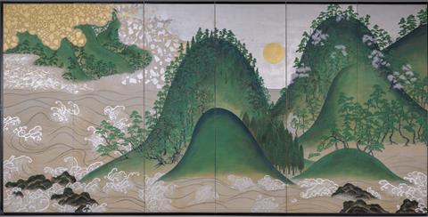倣日月四季山水図屏風(右隻) 夜の特別鑑賞会 作家・森山知己と共に
