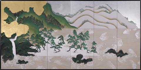 倣日月四季山水図屏風(左隻) 夜の特別鑑賞会 作家・森山知己と共に